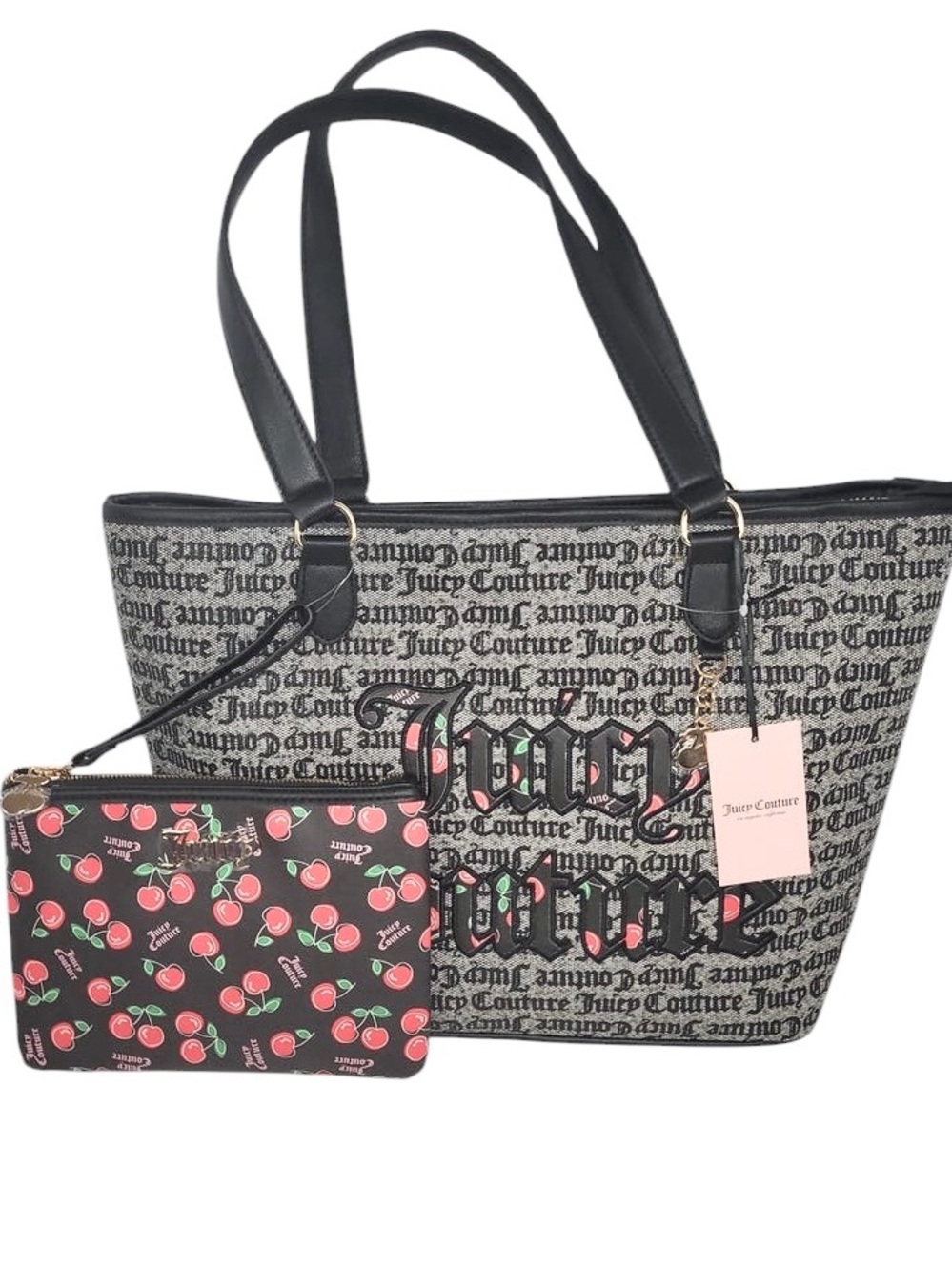 NWT Juicy Couture Free To Be Black Embroidered Tote Bag with Heart Charm Pouch